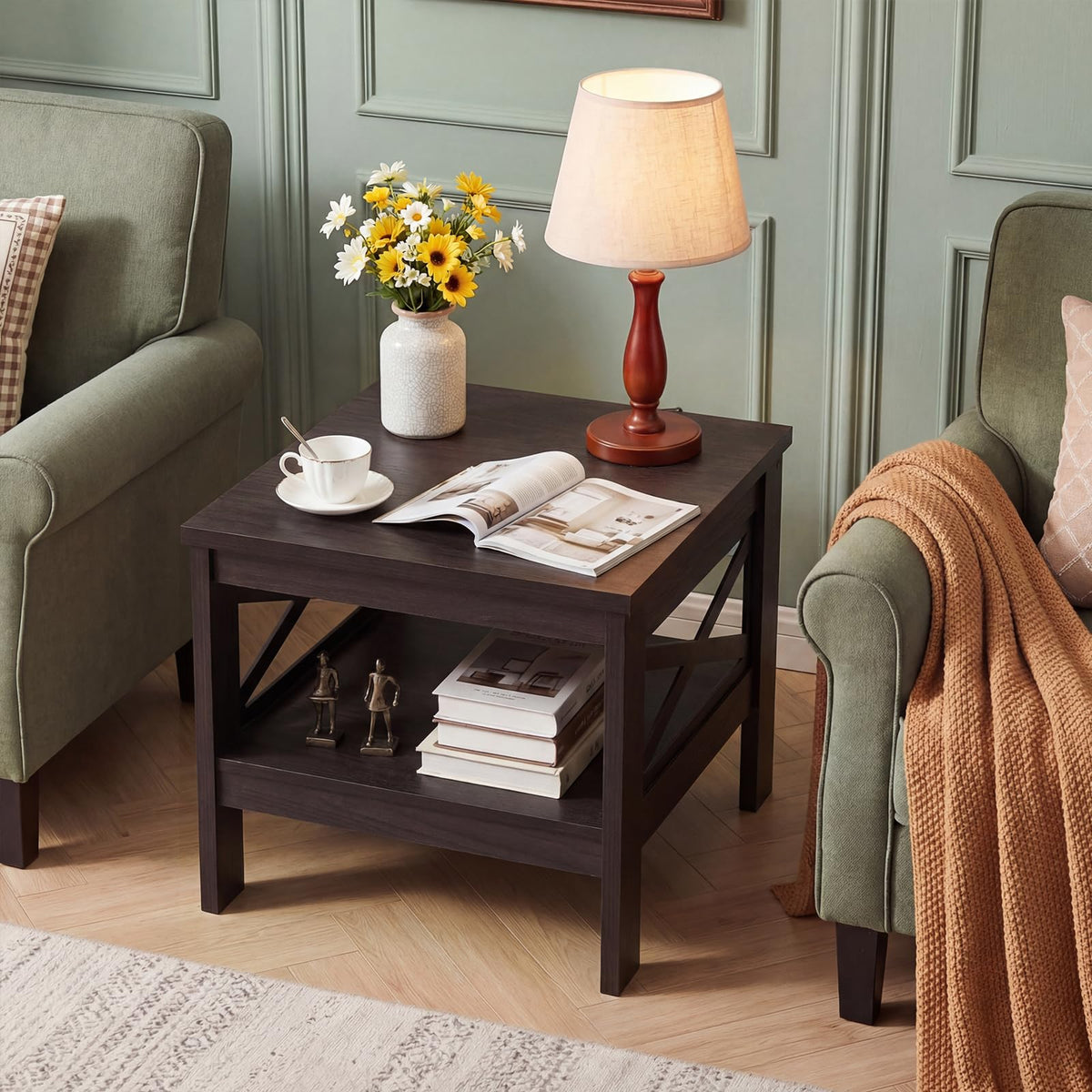 2-Tier Square End Table Set of 2 with Storage Shelf S641