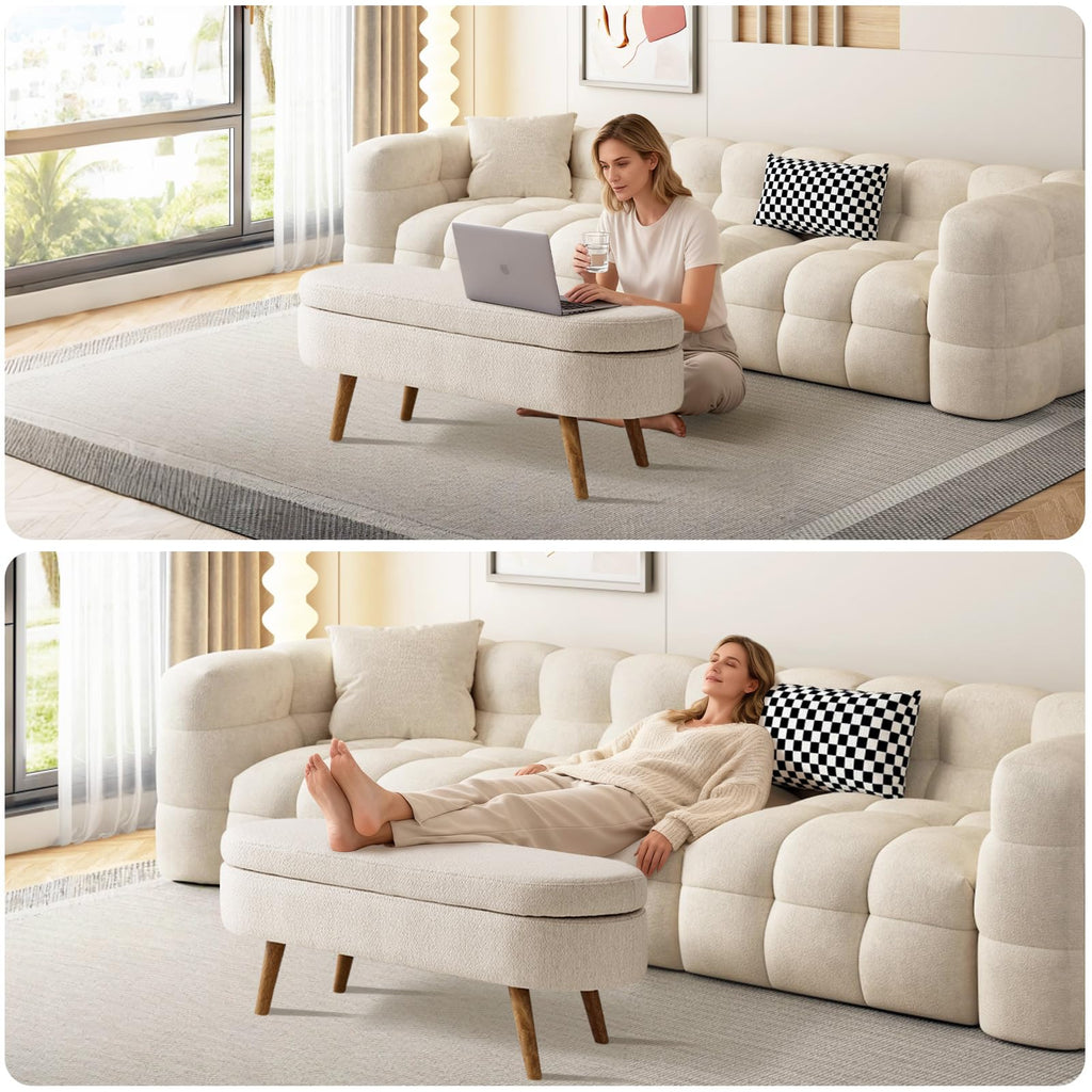 Beige Linen Upholstered Storage Ottoman Bench S1781
