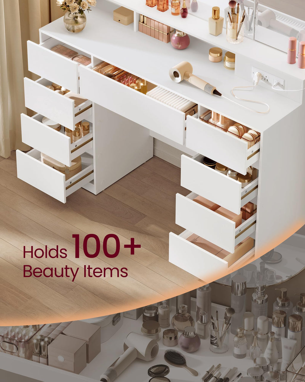 Vanity Desk with LED Lights and Tri-Fold Mirror, 9 Drawers B9348