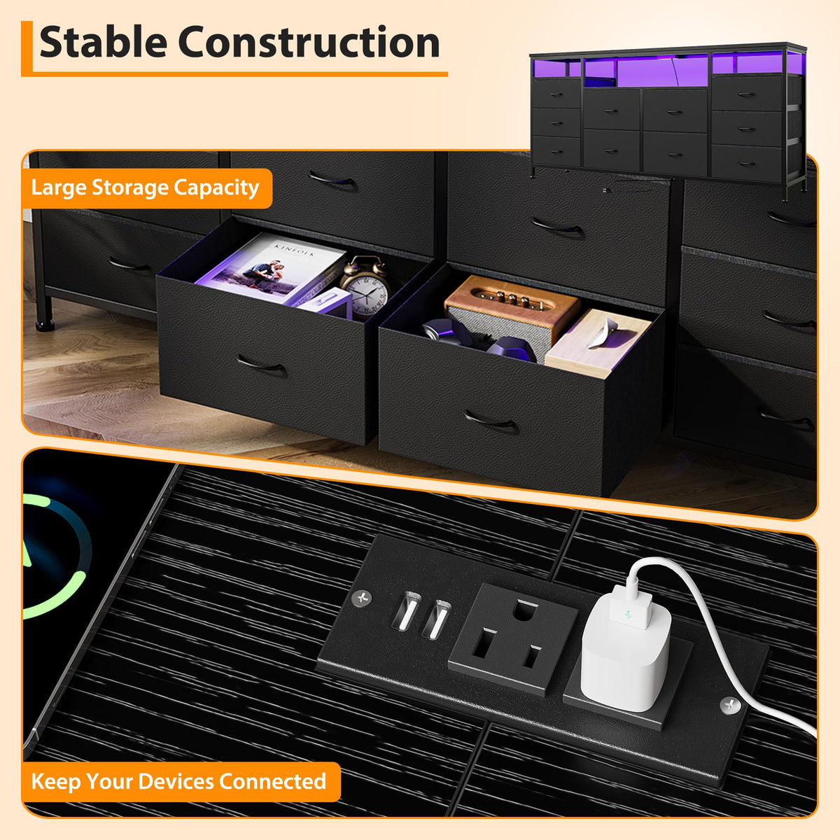 Black 10 Drawer Fabric Dresser with LED Lights & Charging Ports F812