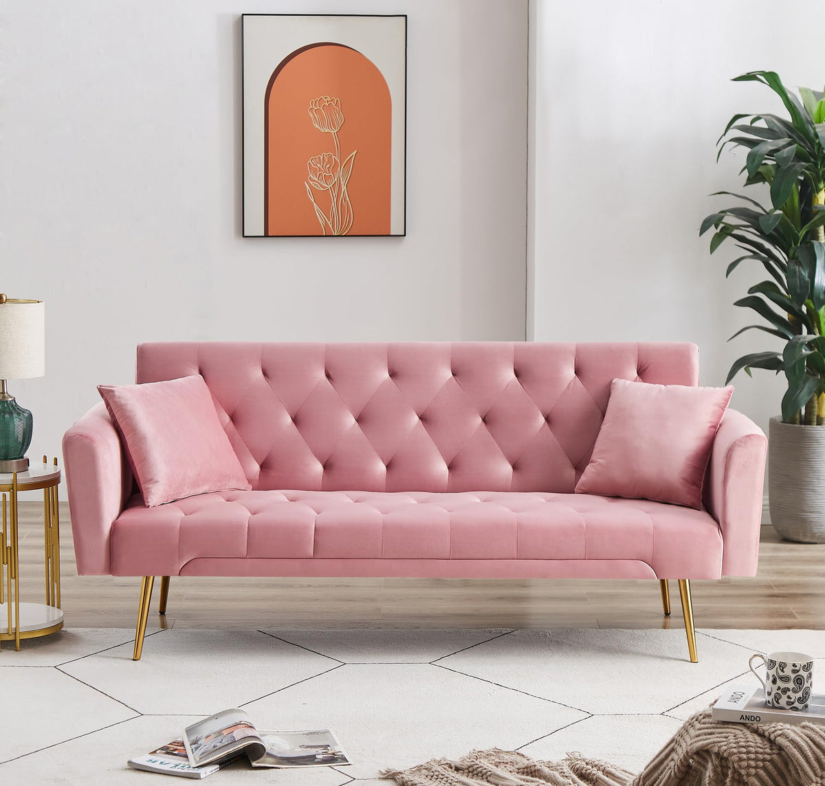 Pink Velvet Convertible Sleeper Sofa Bed I662327