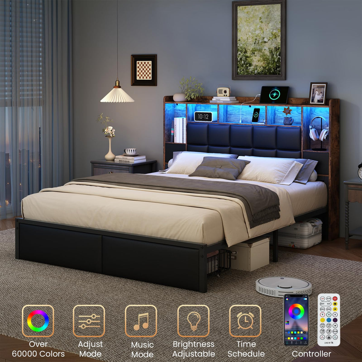 Full Size Platform Bed Frame with LED Light and Charging Station, Black B7689