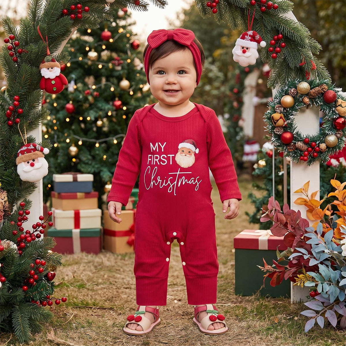 Christmas Baby Girl Long Sleeve Romper Headband F768844