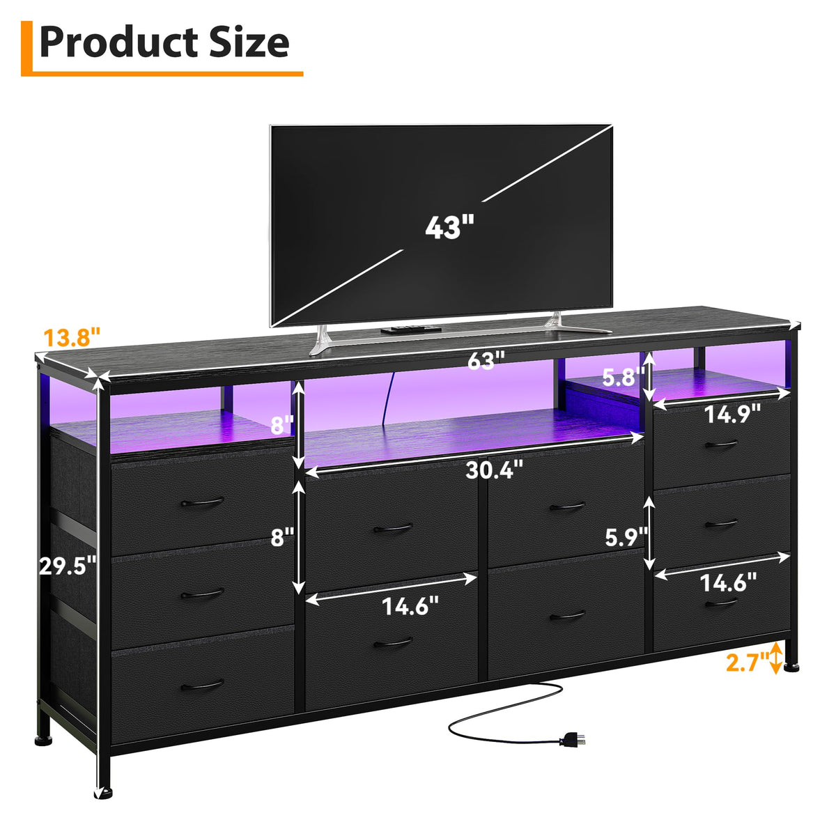 Black 10 Drawer Fabric Dresser with LED Lights & Charging Ports F812