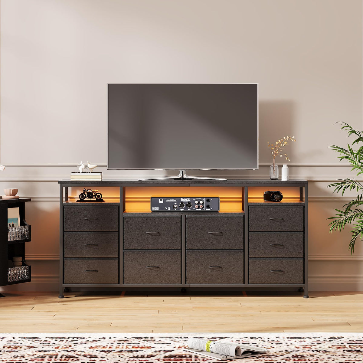 Black 10 Drawer Fabric Dresser with LED Lights & Charging Ports F812