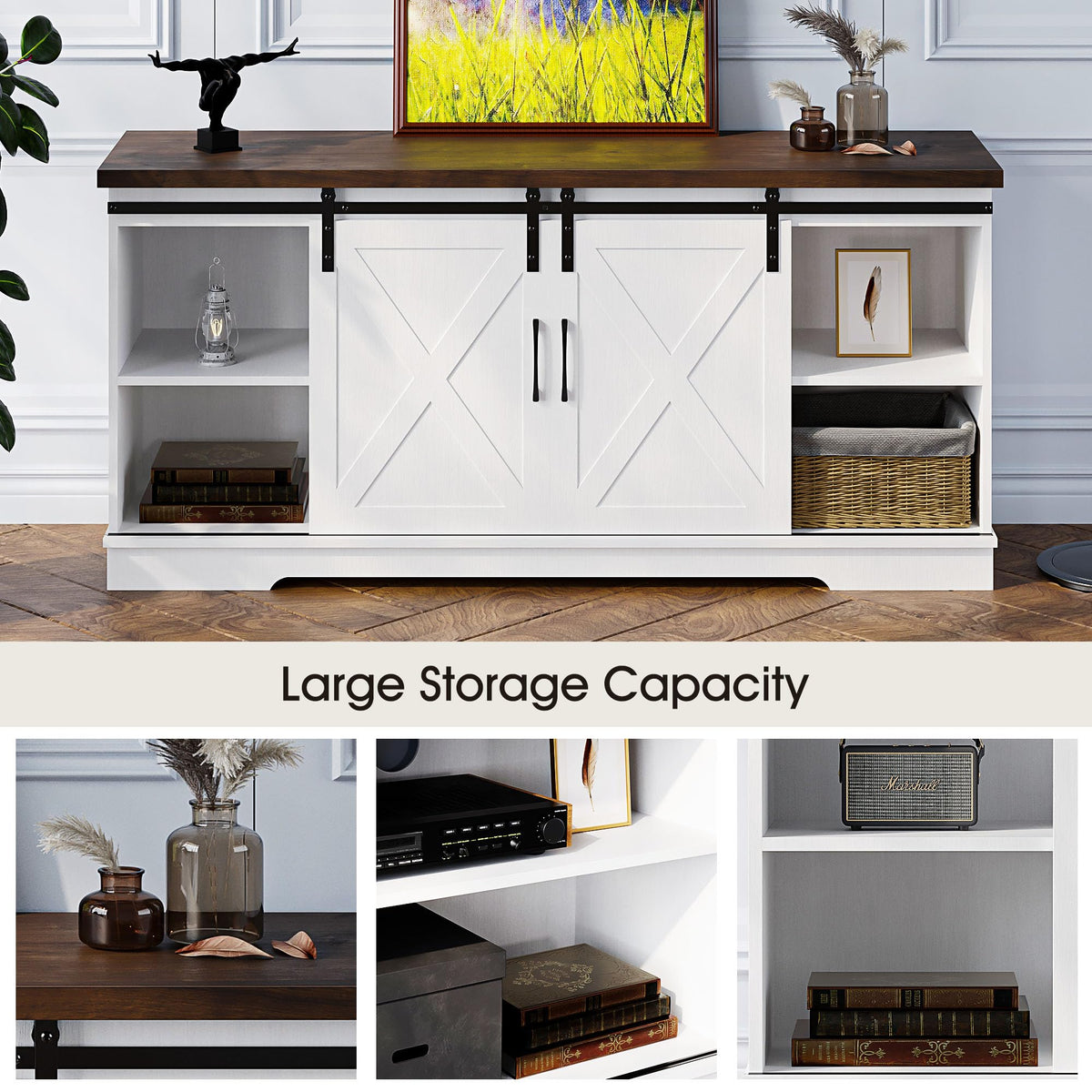White Farmhouse TV Stand with Sliding Barn Doors and Adjustable Shelf L418838