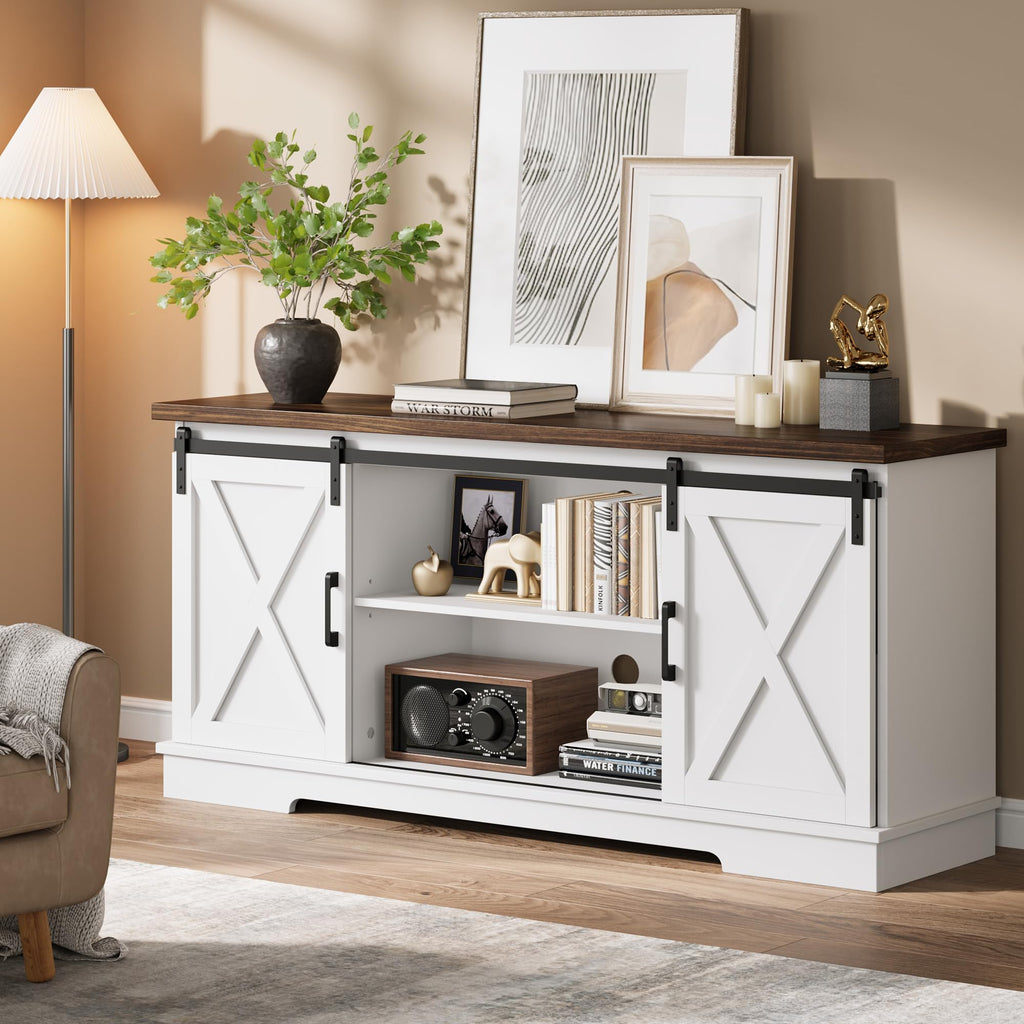 White Farmhouse TV Stand with Sliding Barn Doors and Adjustable Shelf L418838
