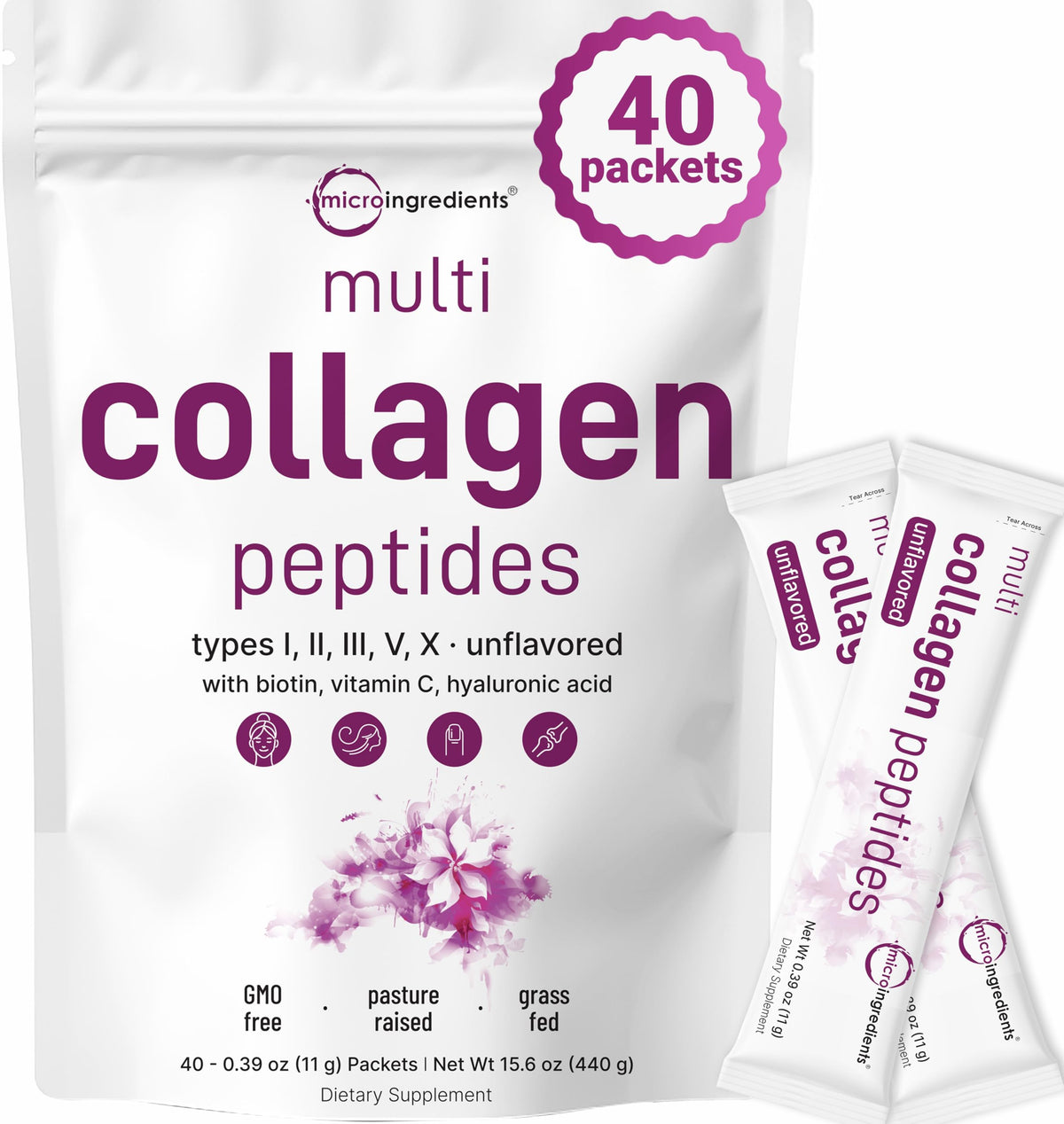 Multi Collagen Peptides Powder, 40 Stick Packs, Type I, II, III, V, X P14016