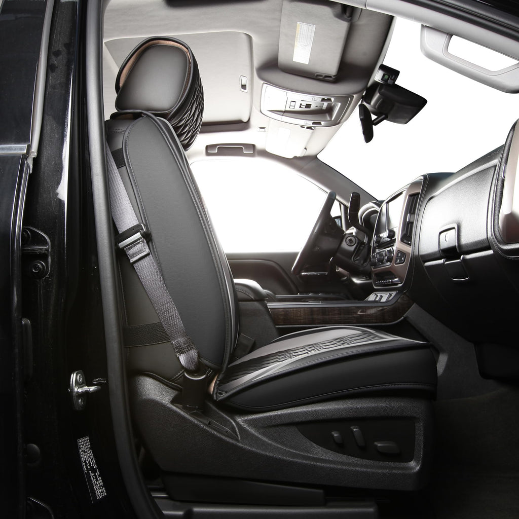 Leather Seat Covers for Chevy Silverado GMC Sierra, Custom Fit, Front Pair, Black Grey Q419017