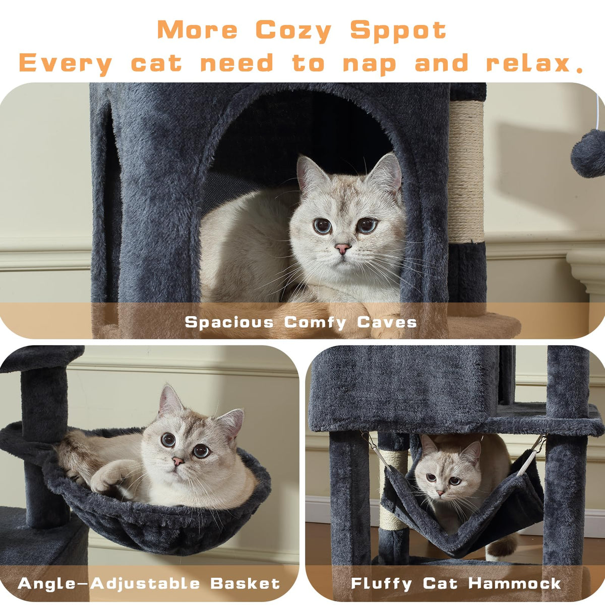 70-Inch Dark Gray Cat Tree Tower with Hammock P3857