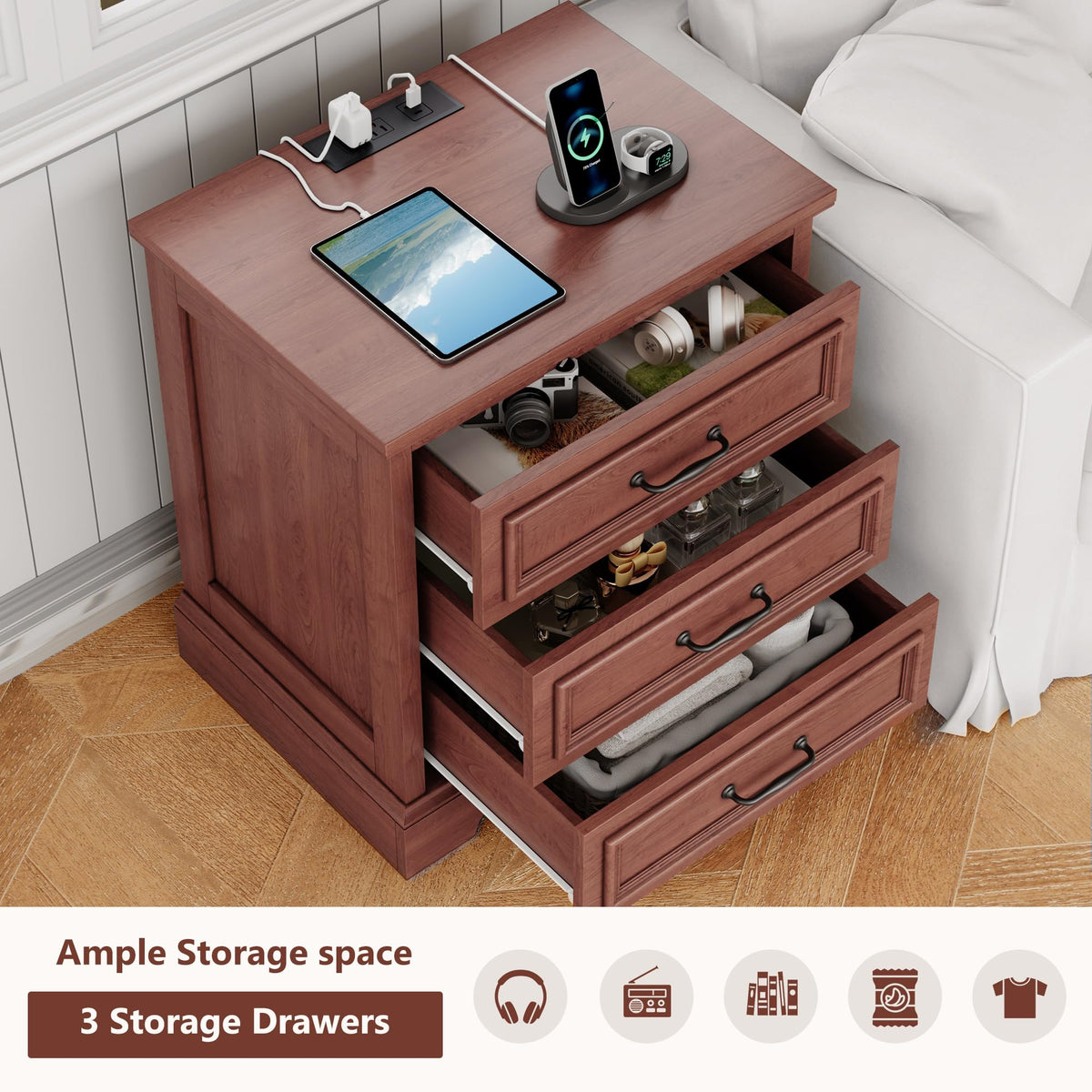 Cherry Brown 3 Drawer Nightstand with Charging Station X409516