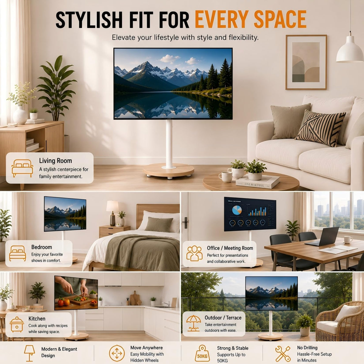 White Rolling Swivel tv Stand I18380