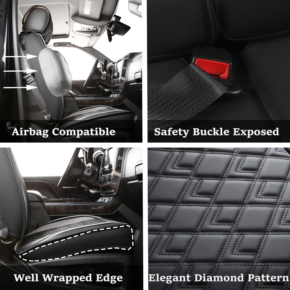 Leather Seat Covers for Chevy Silverado GMC Sierra, Custom Fit, Front Pair, Black Grey Q419017