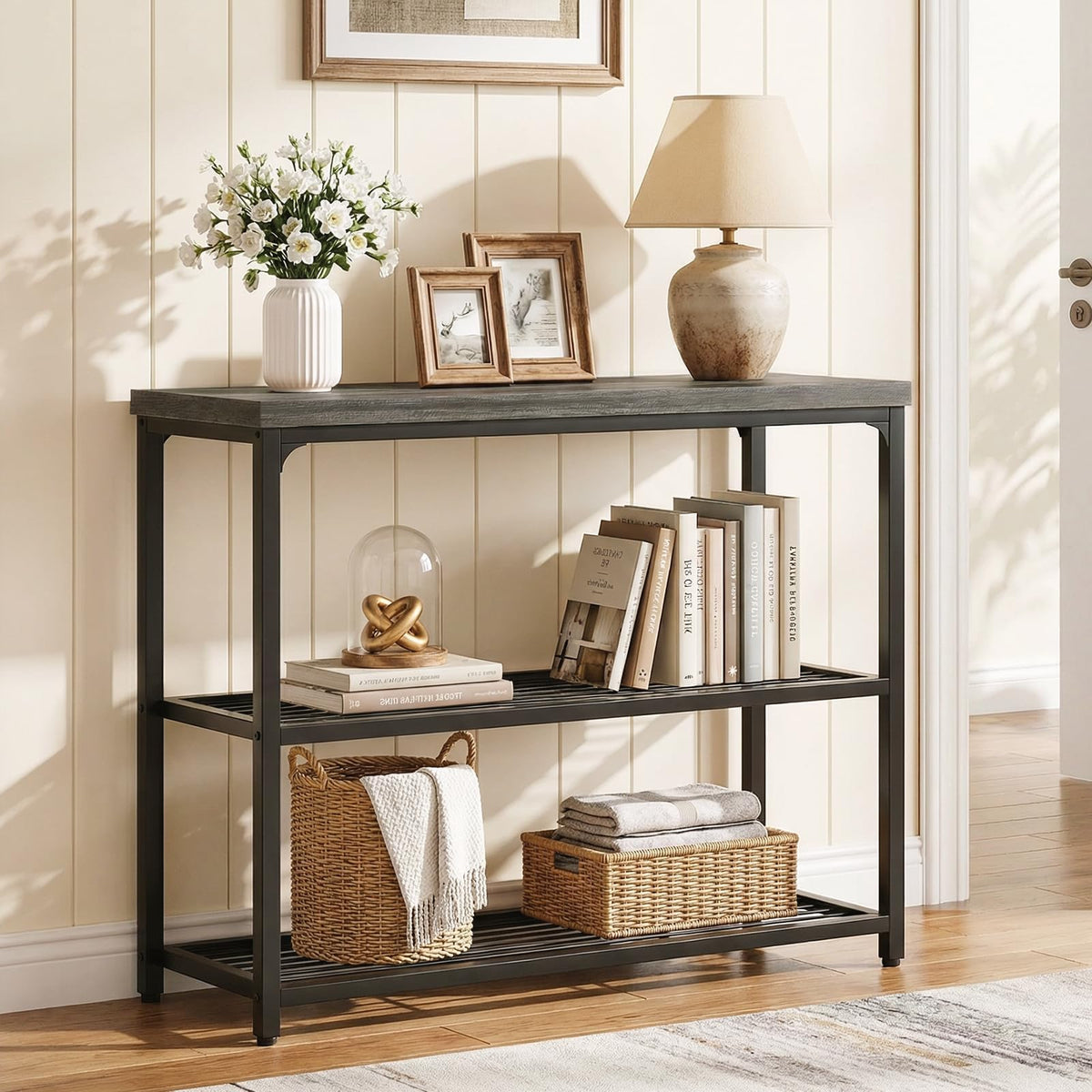 32" 3-Tier Oak Grey Console Table U6949