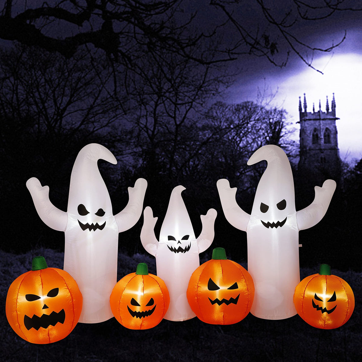 8 FT Lighted Halloween Inflatable Ghosts with Pumpkins S23306