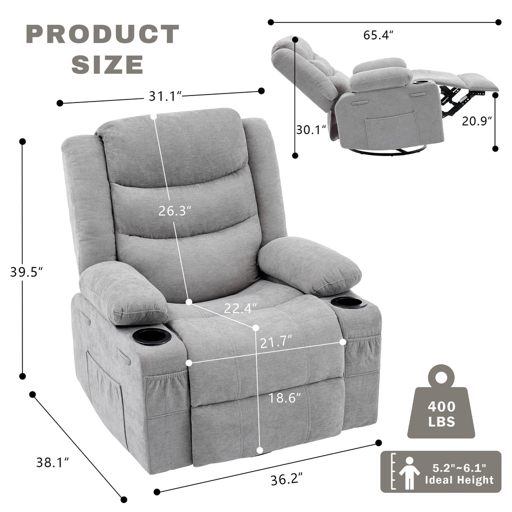 Grey Chenille Swivel Rocker Recliner Chair O199