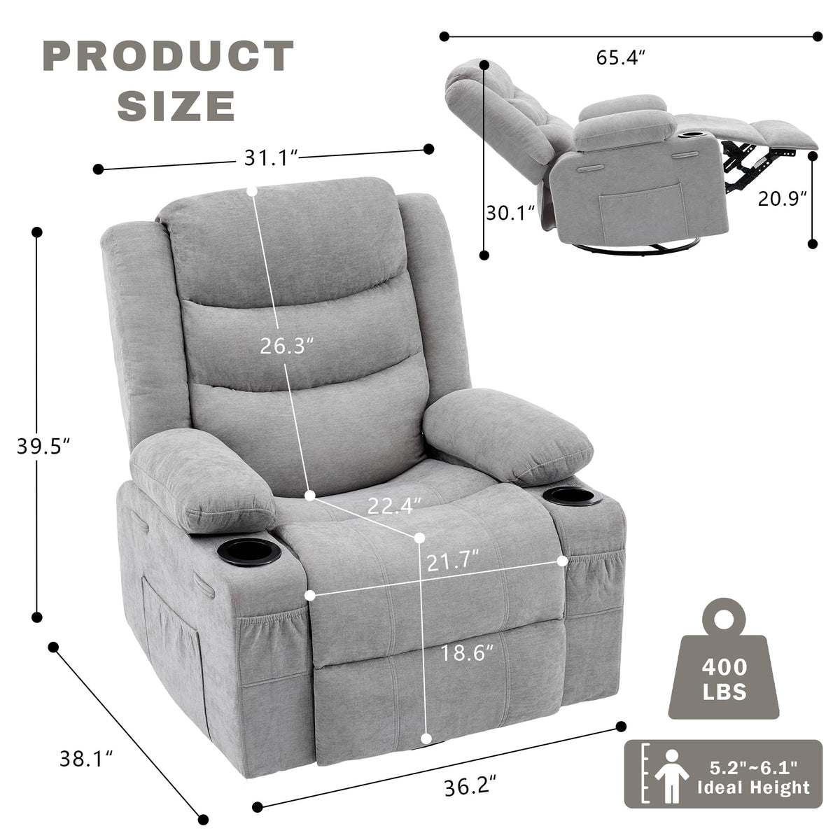 Grey Chenille Swivel Rocker Recliner Chair O199