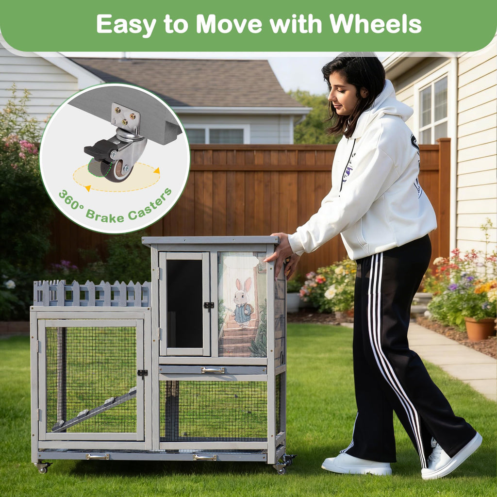 Wood Rabbit Hutch with Balcony on Wheels N866
