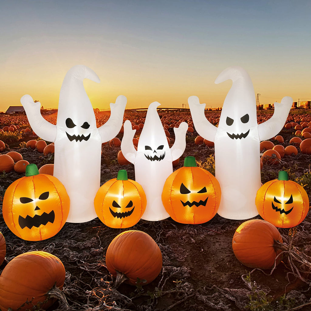 8 FT Lighted Halloween Inflatable Ghosts with Pumpkins S23306