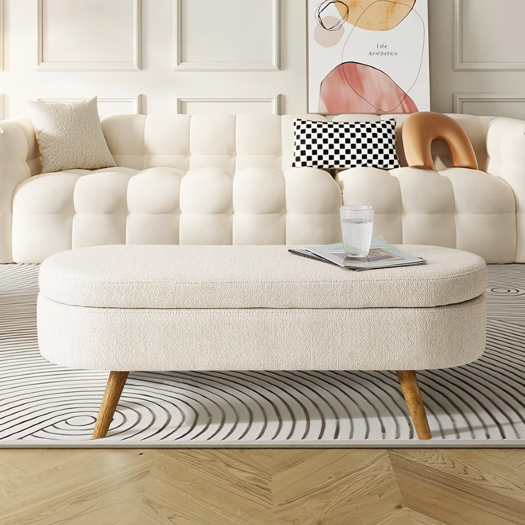 Beige Linen Upholstered Storage Ottoman Bench S1781