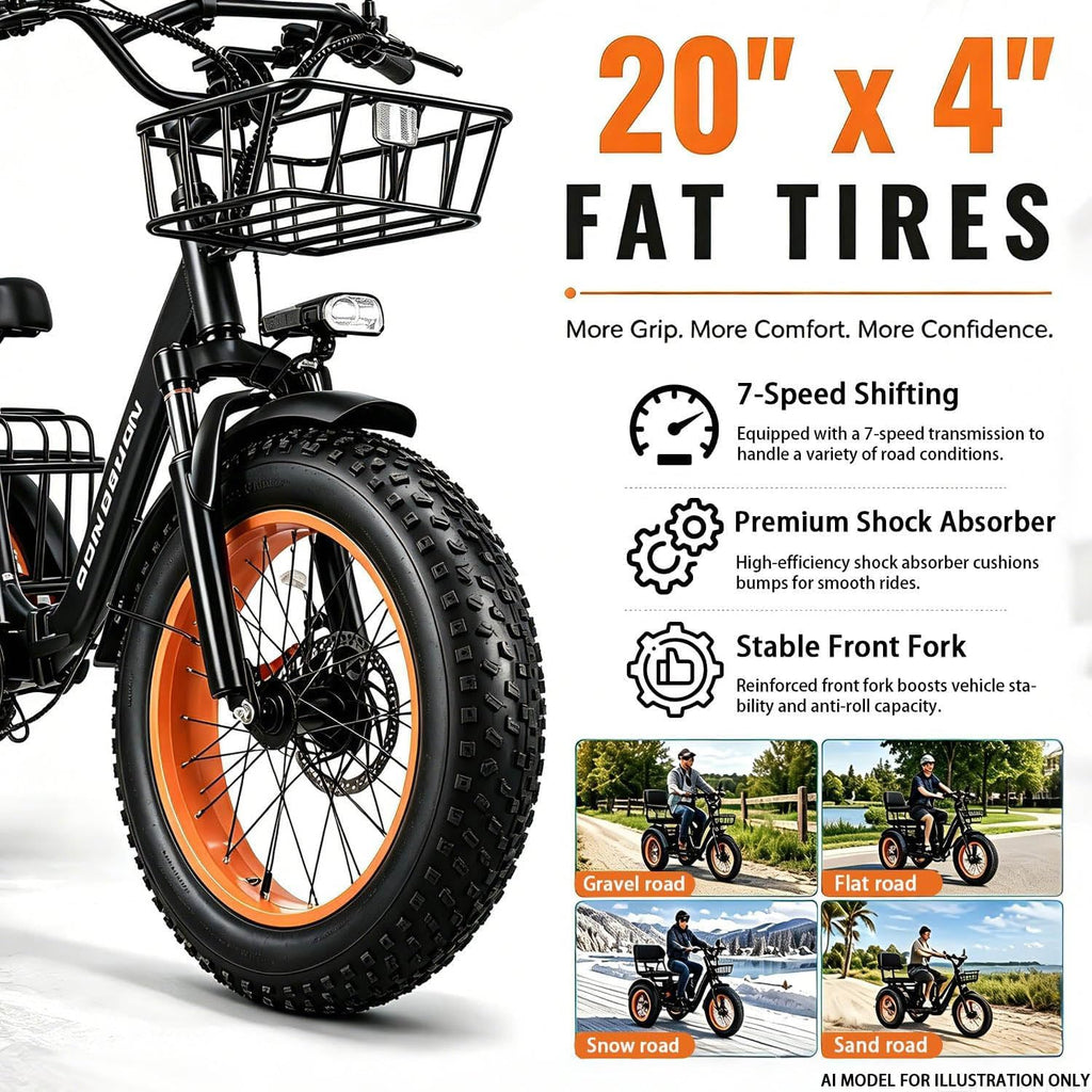 20” Fat Tire Folding 7-Speed Electric Tricycle with Rear Seat H27328