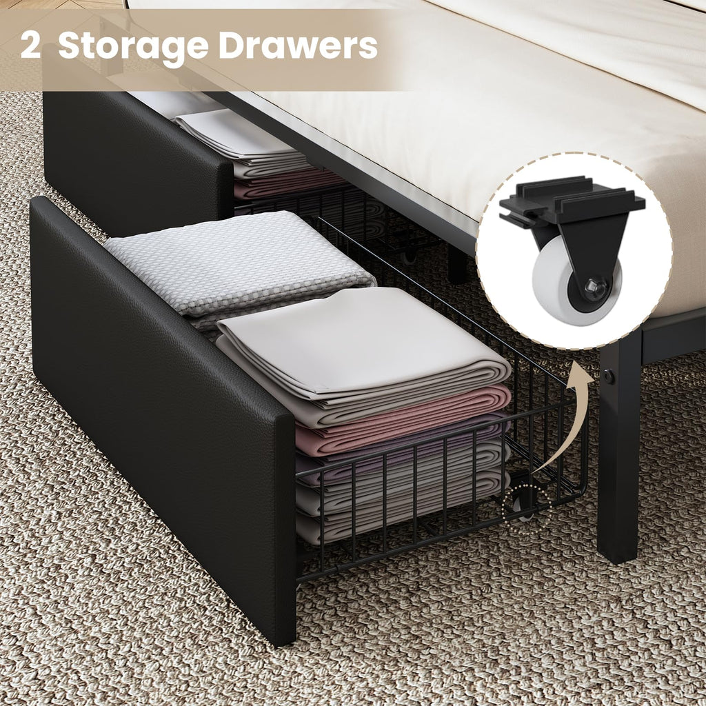 Full Size Platform Bed Frame with LED Light and Charging Station, Black B7689