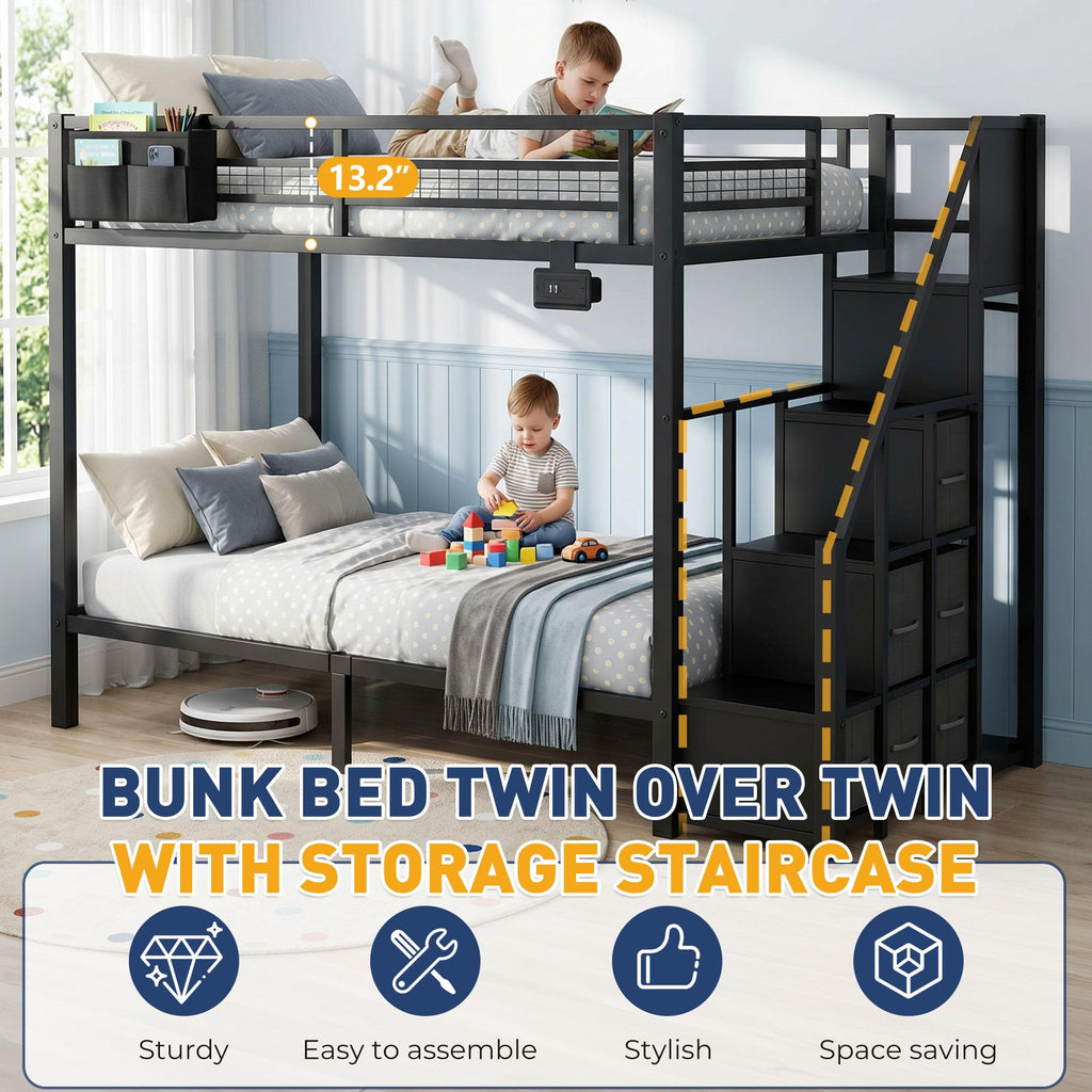 Black Metal Twin Over Twin Bunk Bed with Storage Stairs X360