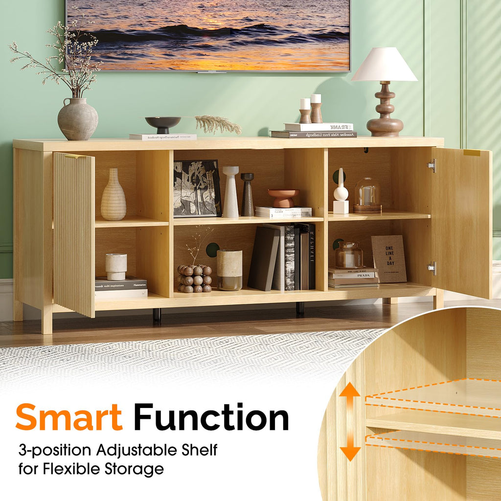 57.8" Oak TV Stand for 70 Inch TV with Adjustable Shelves and Cabinet Storage G250446