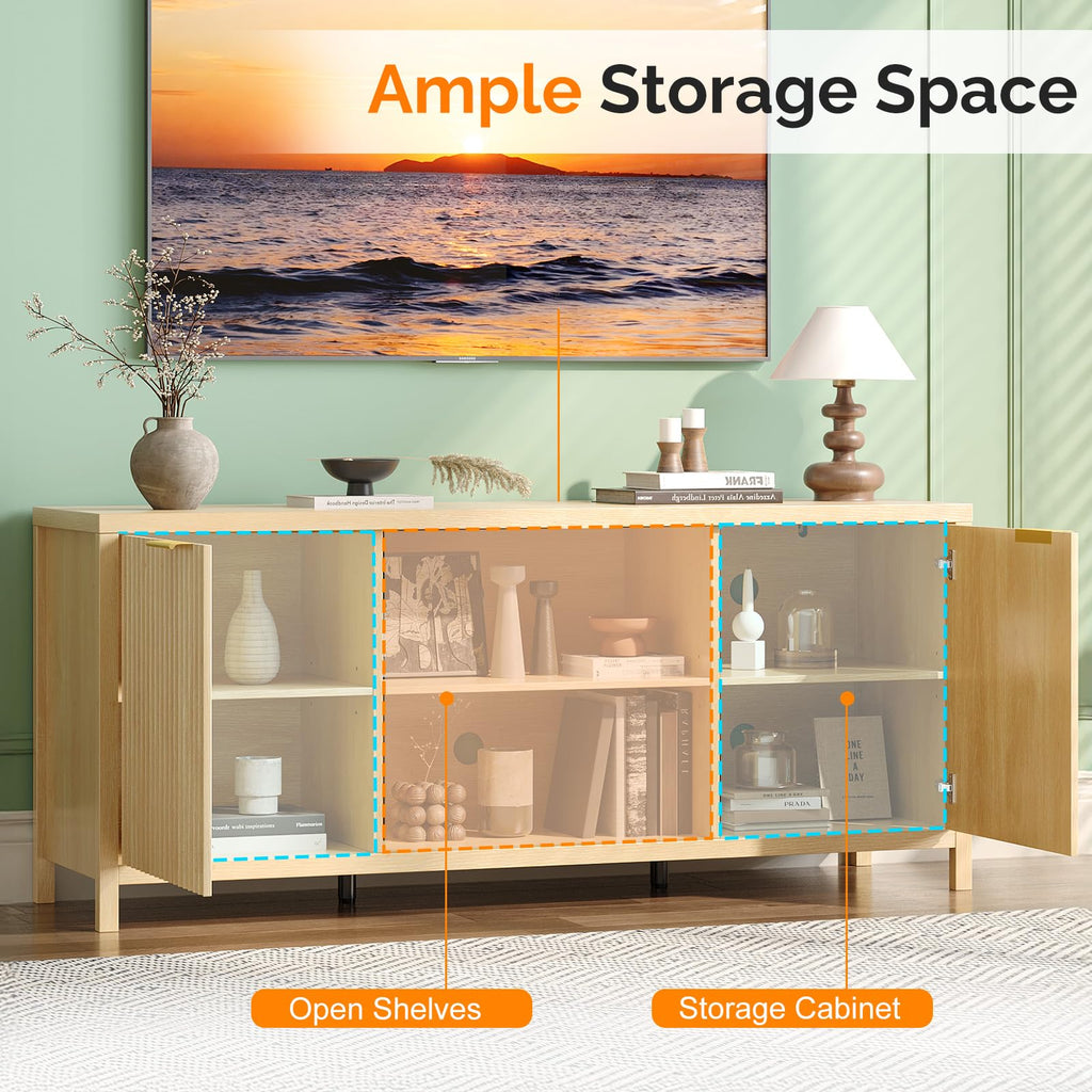 57.8" Oak TV Stand for 70 Inch TV with Adjustable Shelves and Cabinet Storage G250446