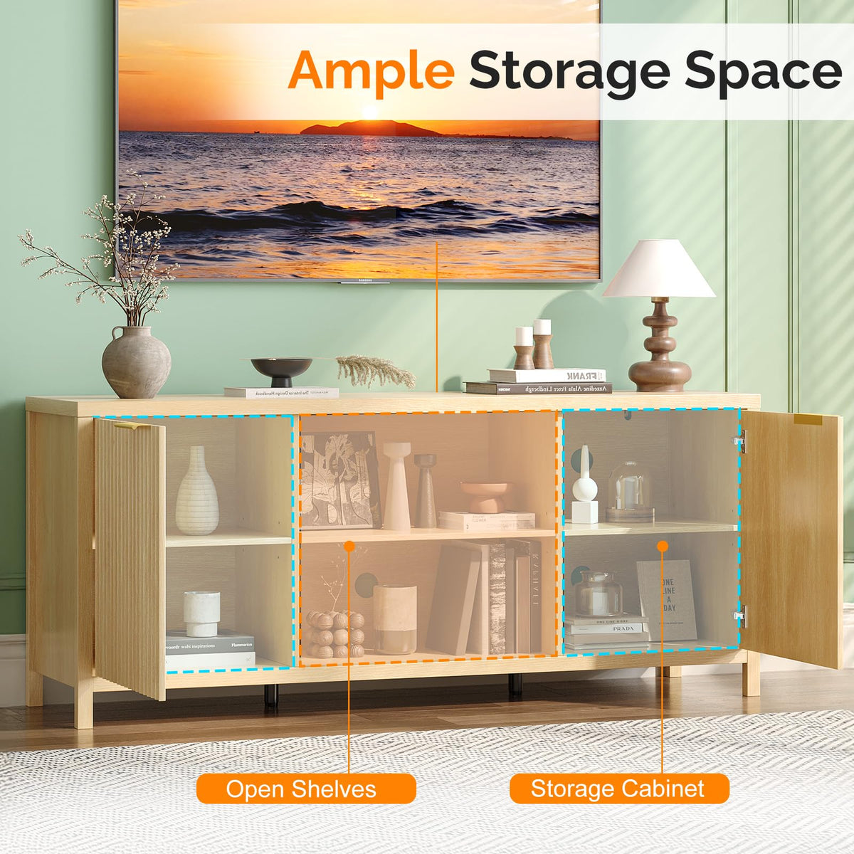 57.8" Oak TV Stand for 70 Inch TV with Adjustable Shelves and Cabinet Storage G250446