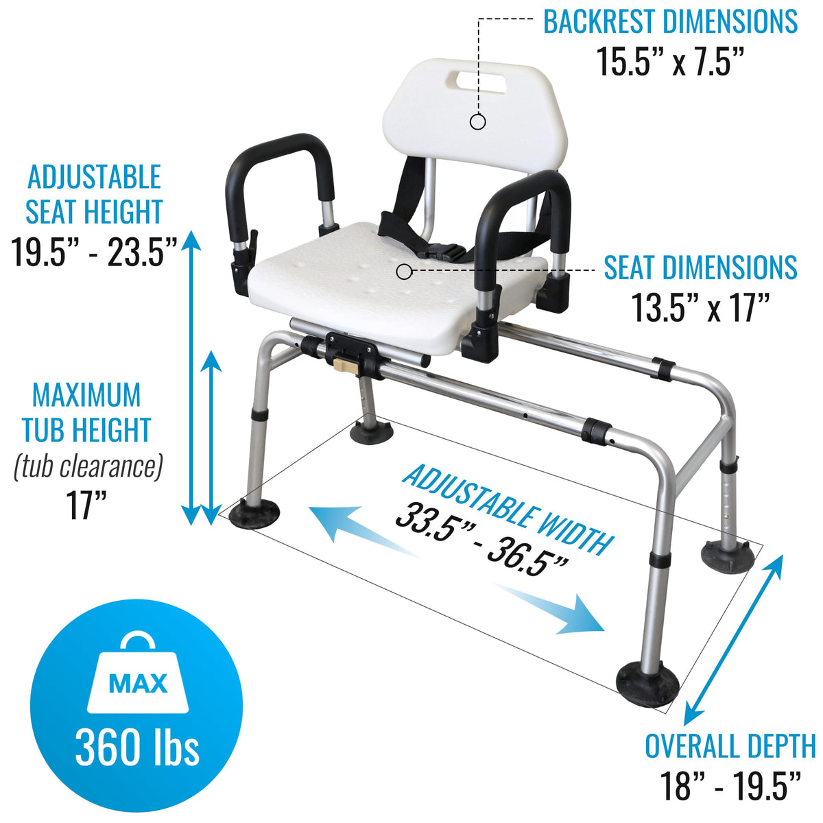 Extra-Wide 360lb Capacity Non-Slip Padded Shower Chair & Transfer Bench B707