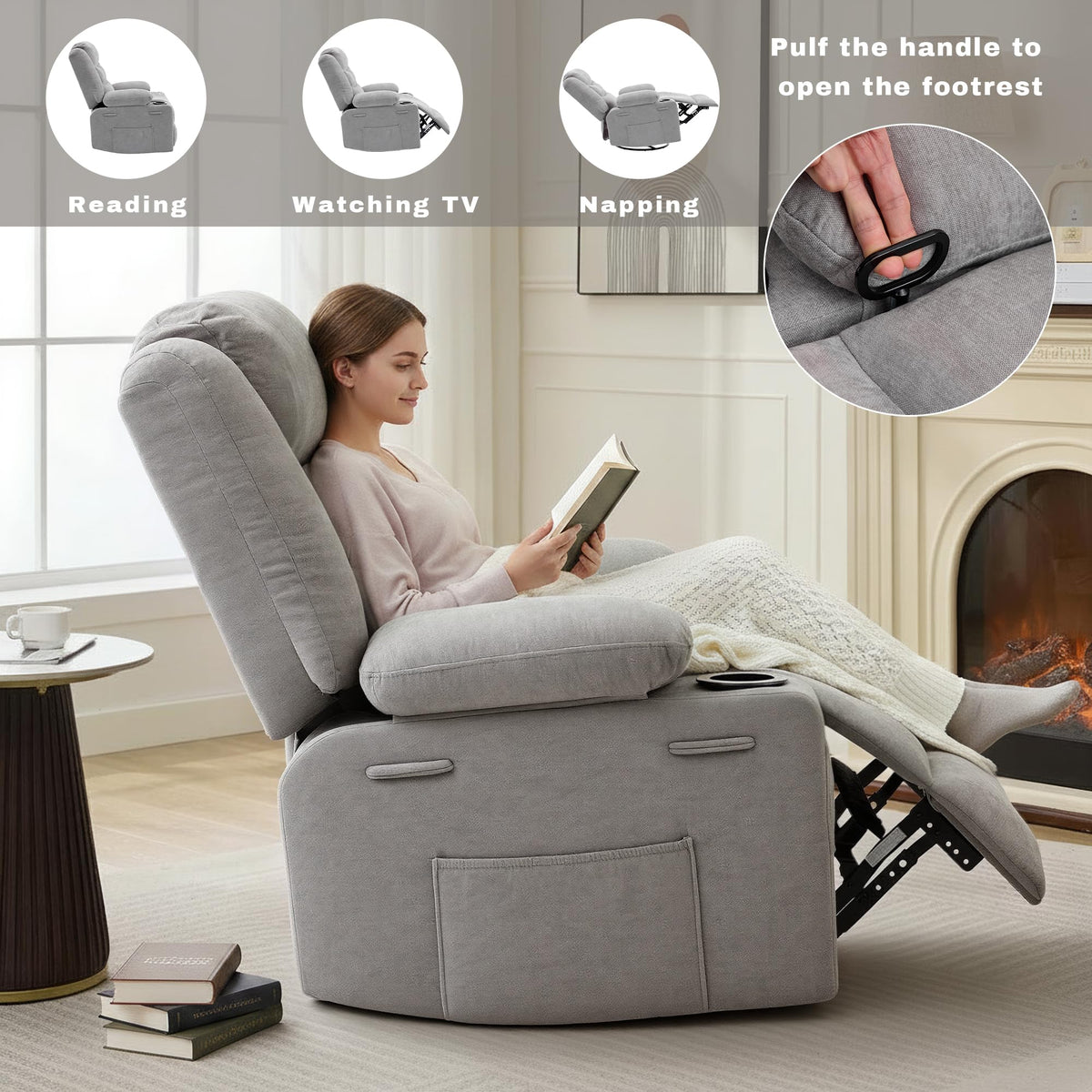 Grey Chenille Swivel Rocker Recliner Chair O199