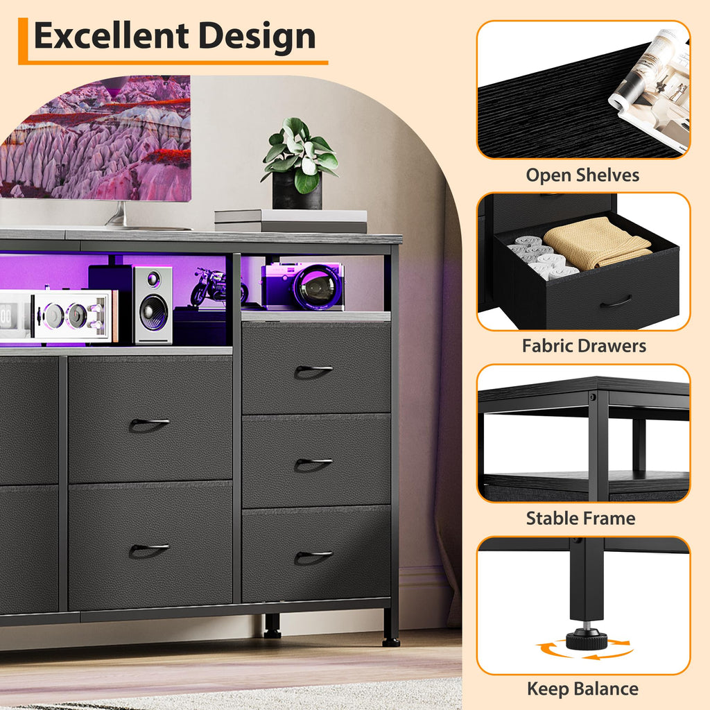 Black 10 Drawer Fabric Dresser with LED Lights & Charging Ports F812