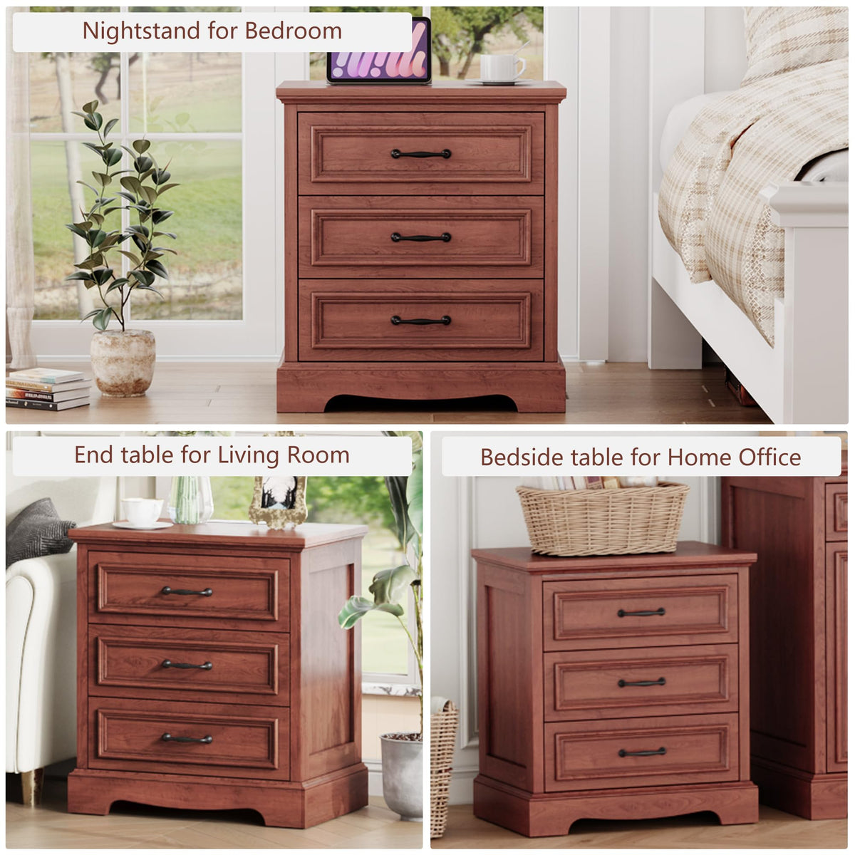 Cherry Brown 3 Drawer Nightstand with Charging Station X409516