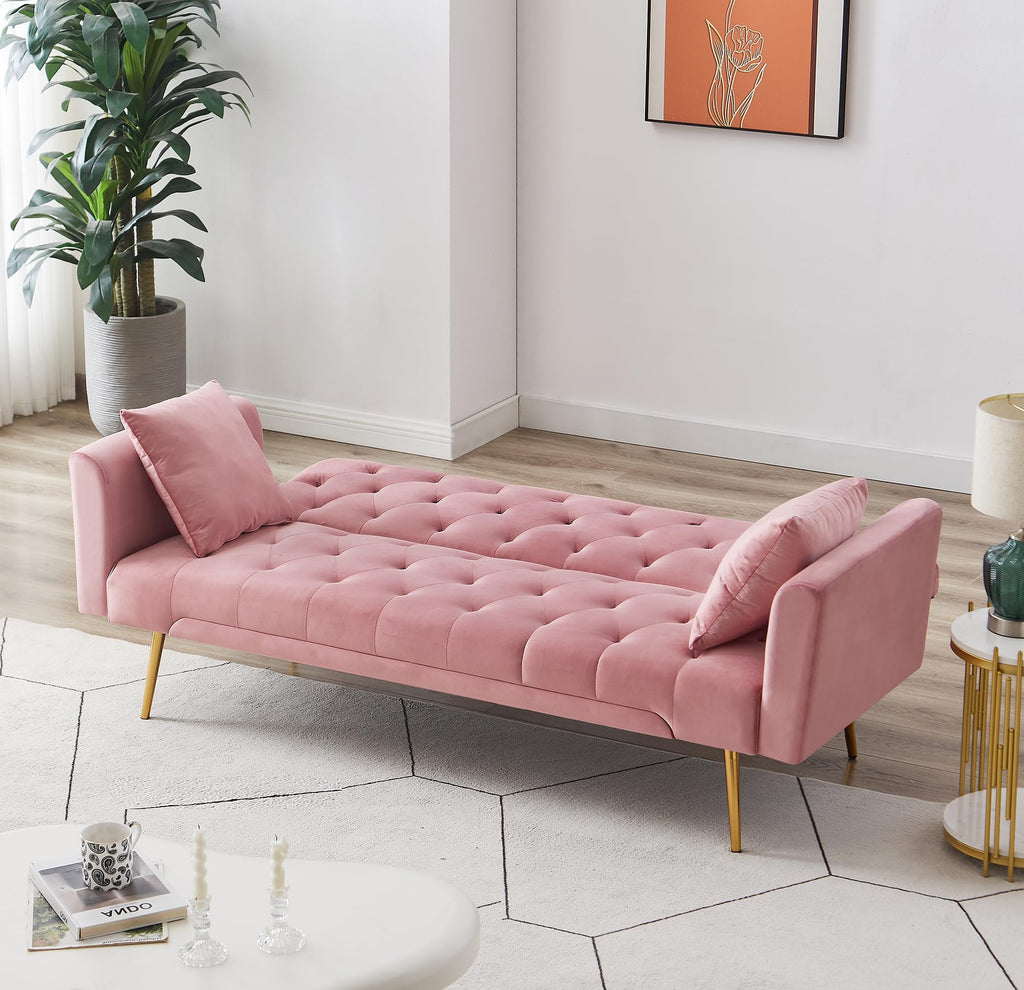 Pink Velvet Convertible Sleeper Sofa Bed I662327