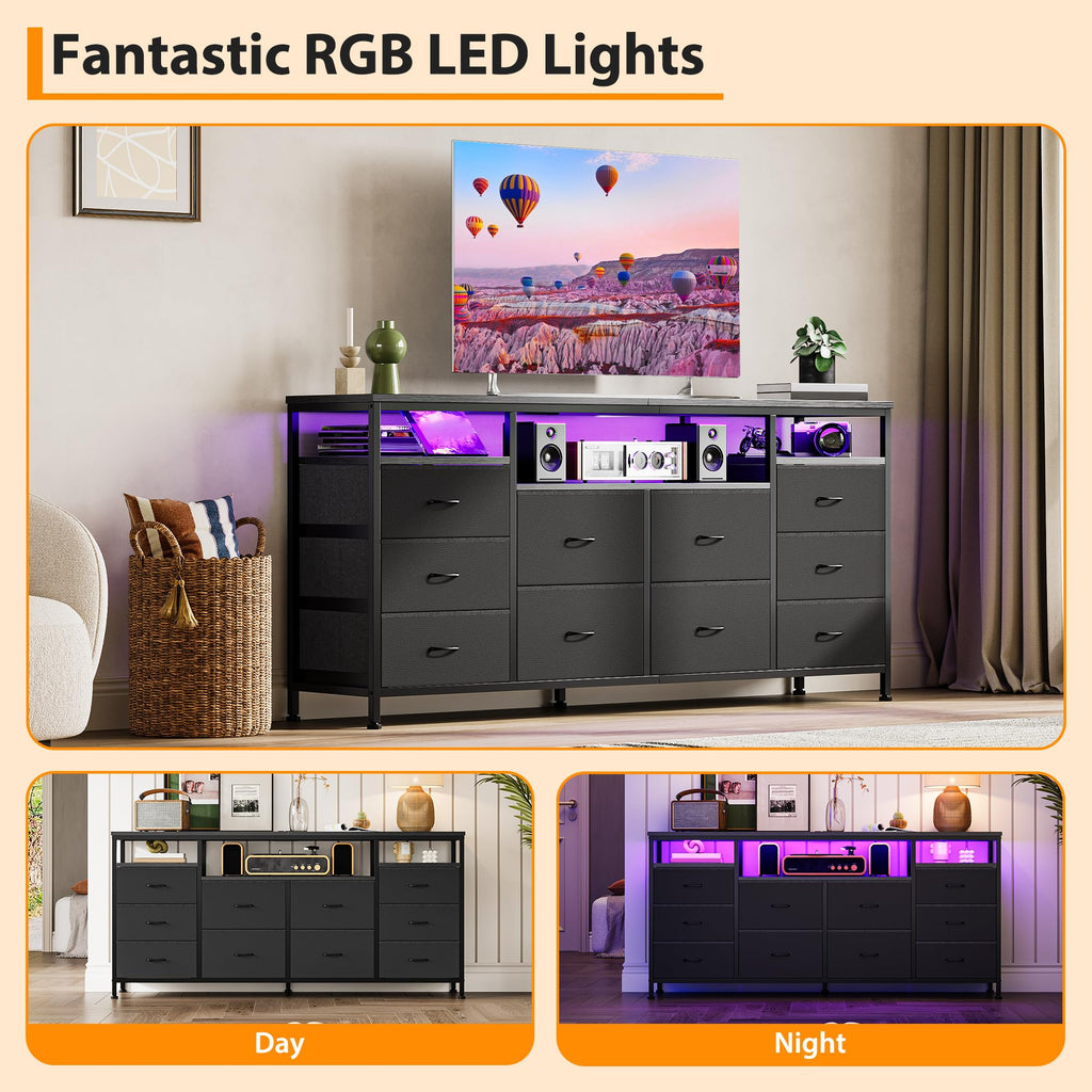 Black 10 Drawer Fabric Dresser with LED Lights & Charging Ports F812