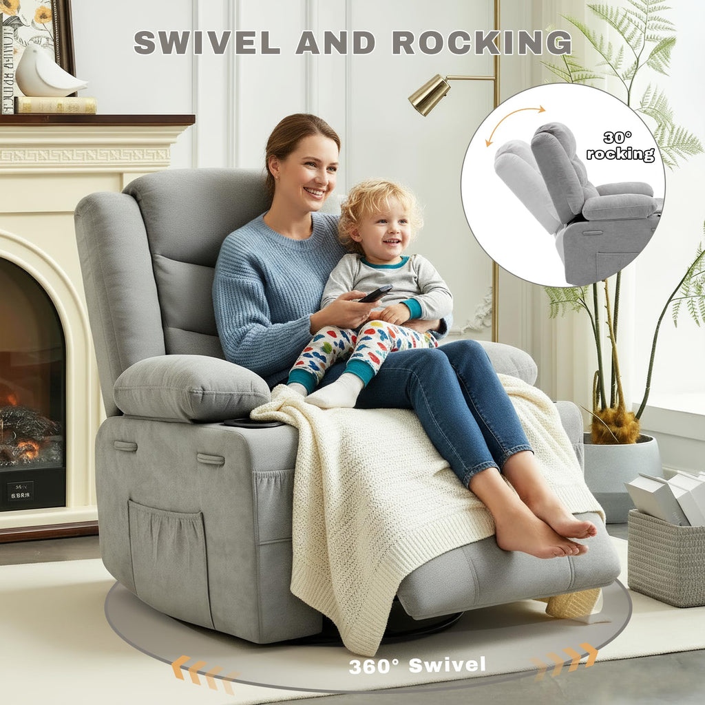 Grey Chenille Swivel Rocker Recliner Chair O199