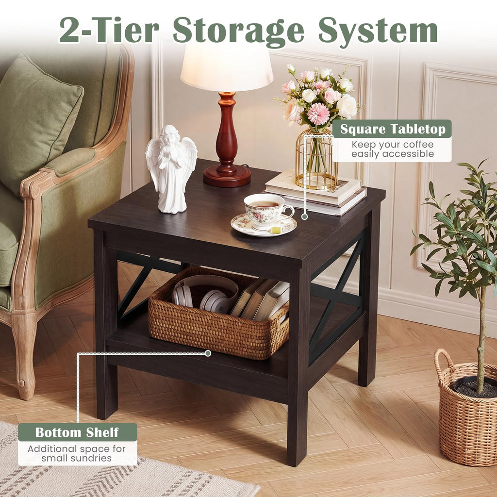 2-Tier Square End Table Set of 2 with Storage Shelf S641