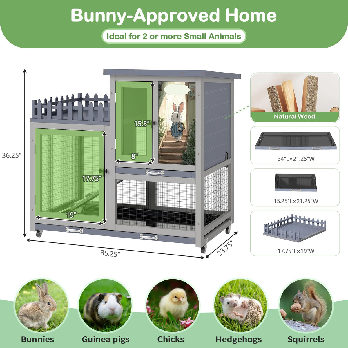 Wood Rabbit Hutch with Balcony on Wheels N866