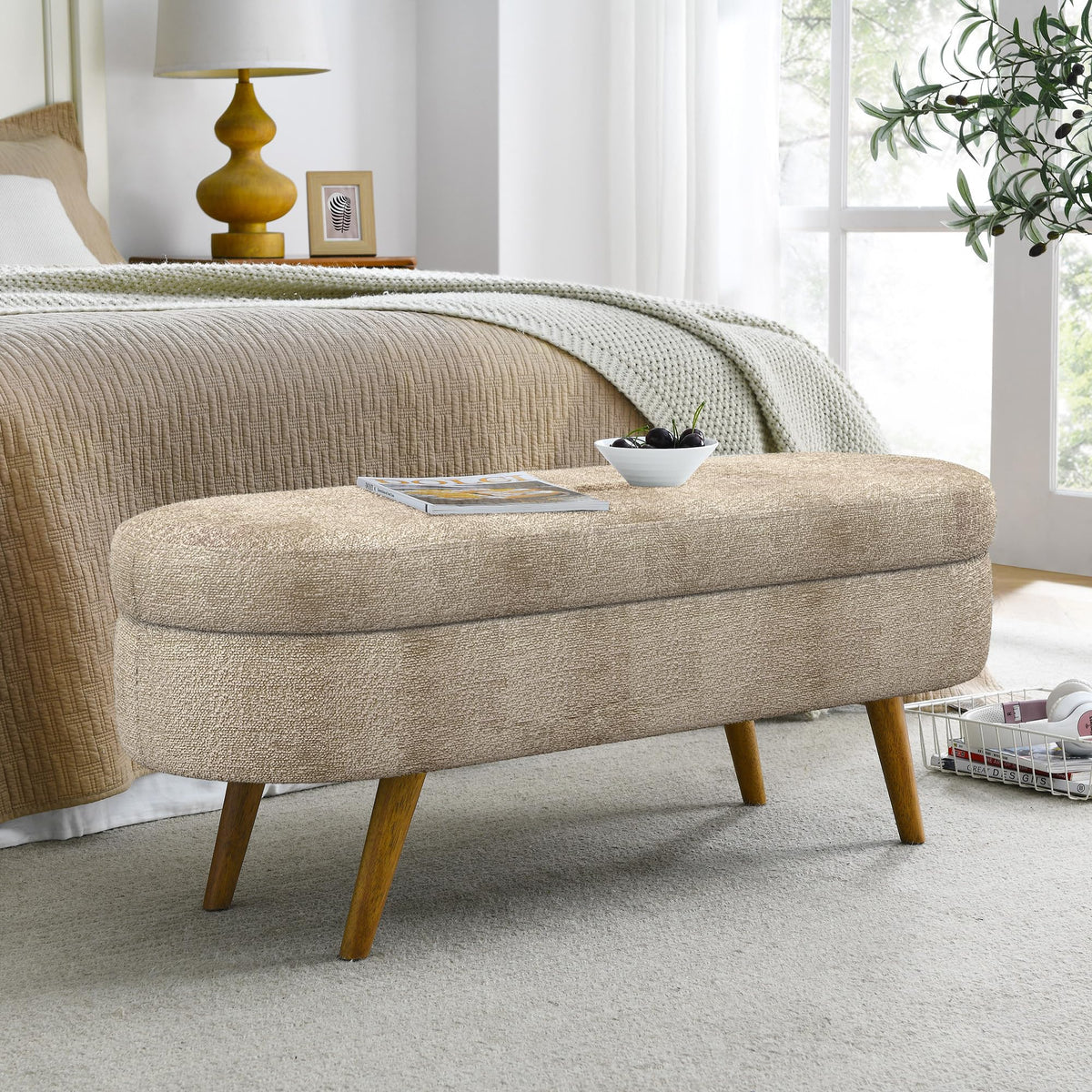 Oval Storage Bench with Rubber Wood Legs Gray Z886