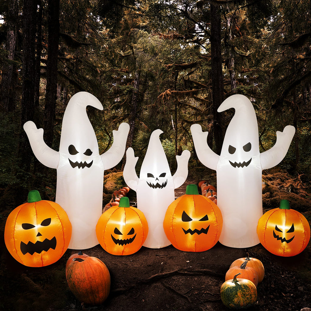8 FT Lighted Halloween Inflatable Ghosts with Pumpkins S23306