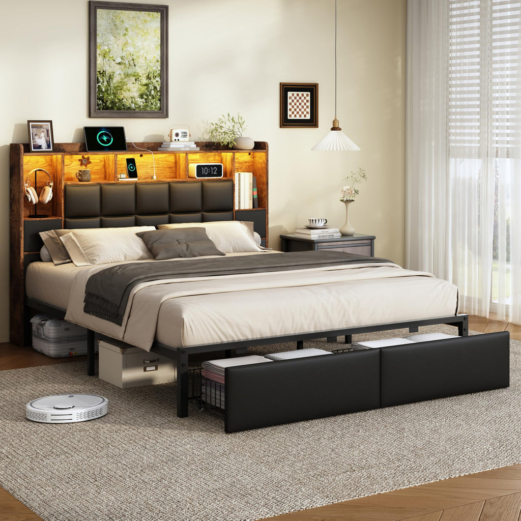 Full Size Platform Bed Frame with LED Light and Charging Station, Black B7689