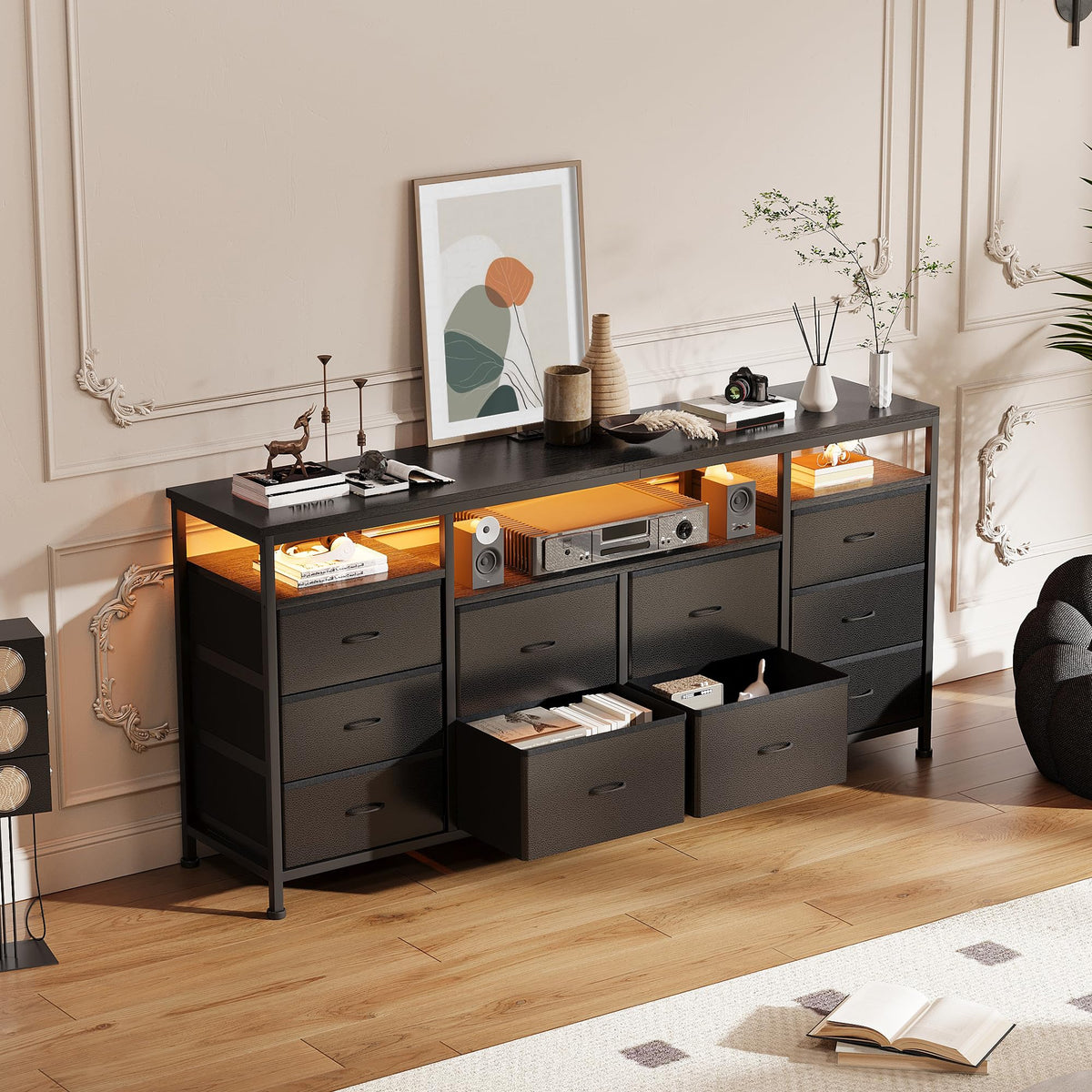Black 10 Drawer Fabric Dresser with LED Lights & Charging Ports F812