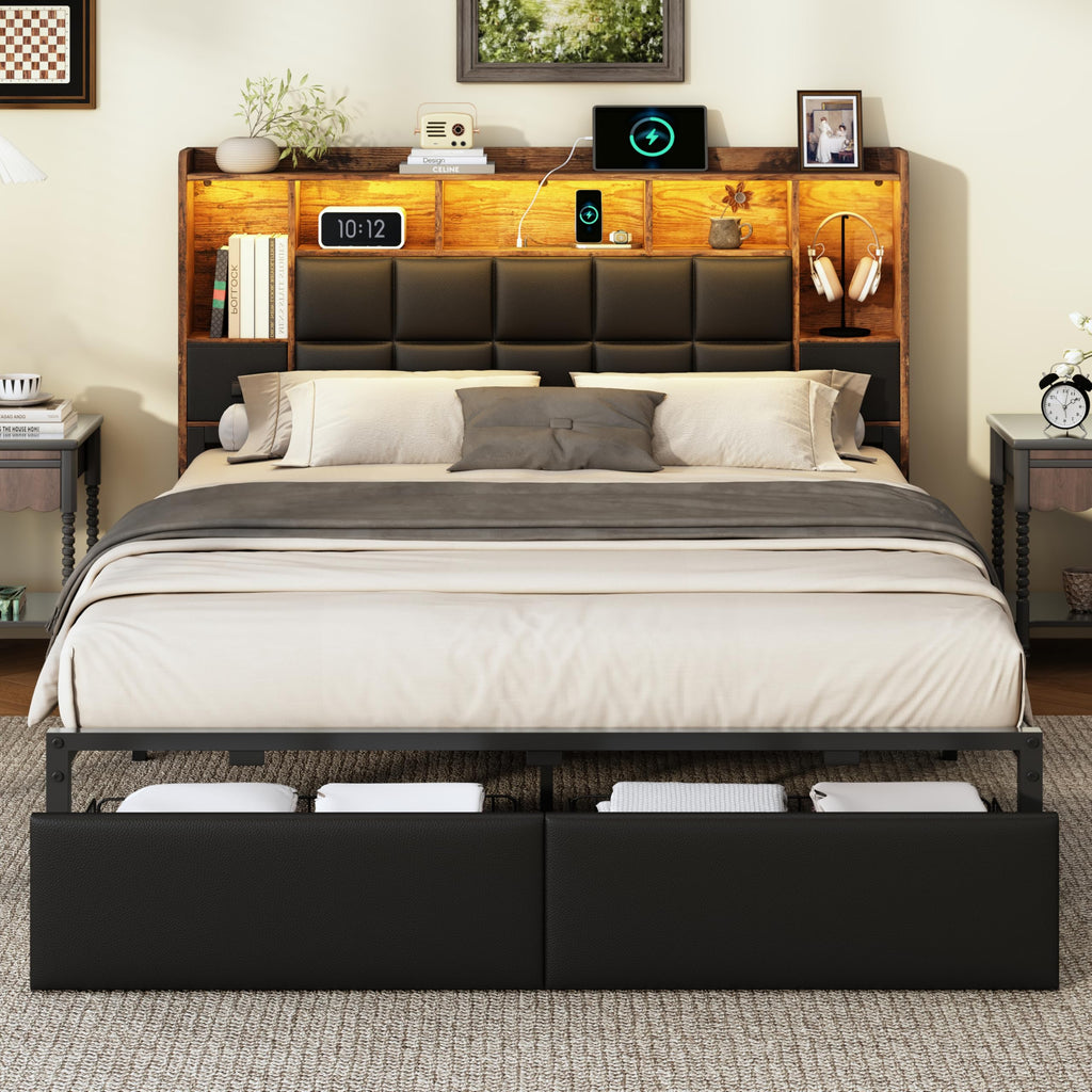 Full Size Platform Bed Frame with LED Light and Charging Station, Black B7689