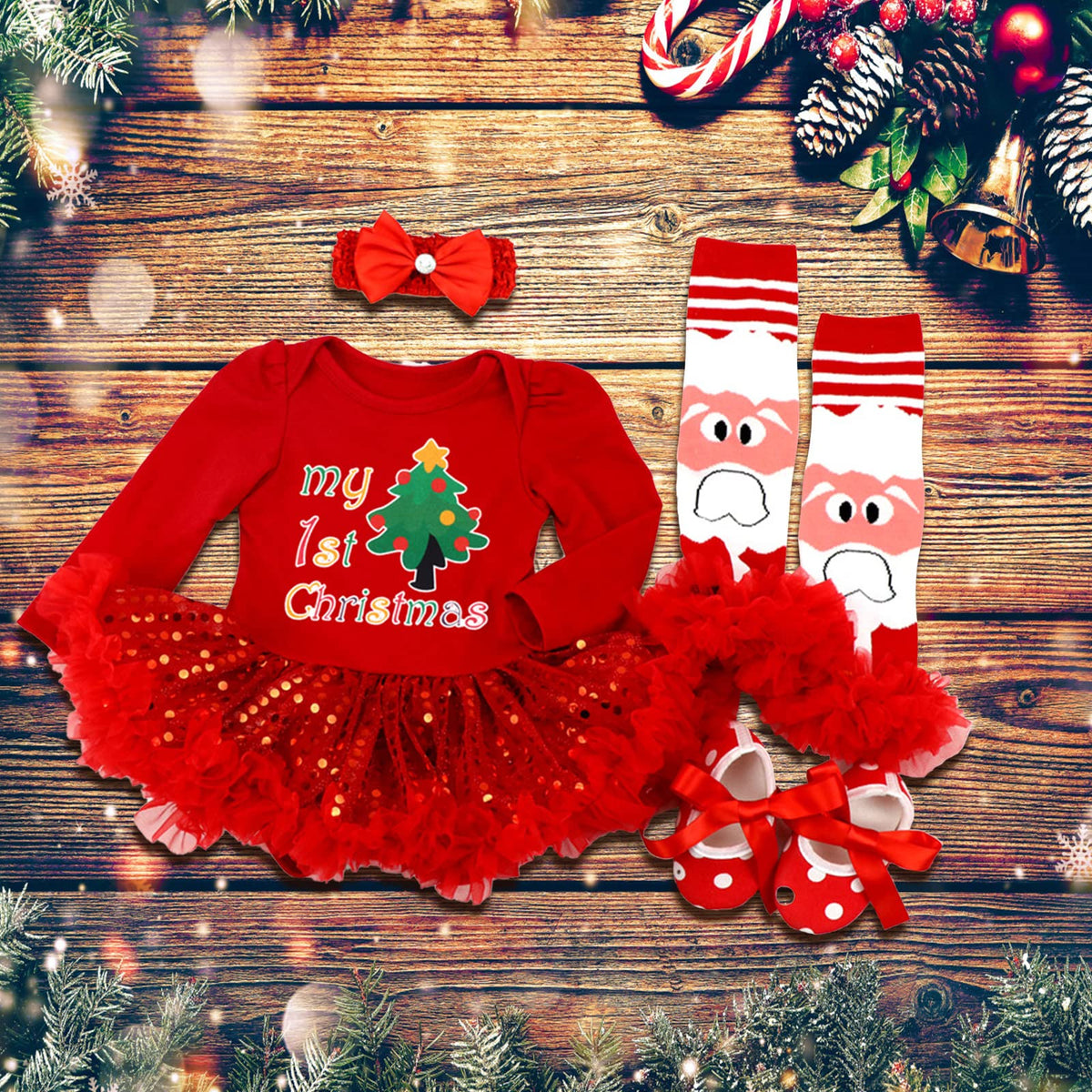 Baby Girls First Christmas Outfit Newborn Romper Tutu Dress with Shoes Headband Leg Warmer L84311