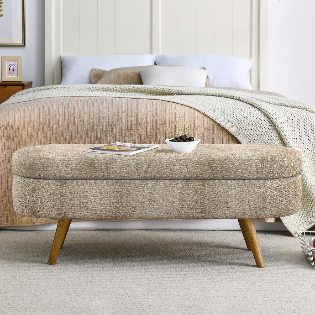 Oval Storage Bench with Rubber Wood Legs Gray Z886