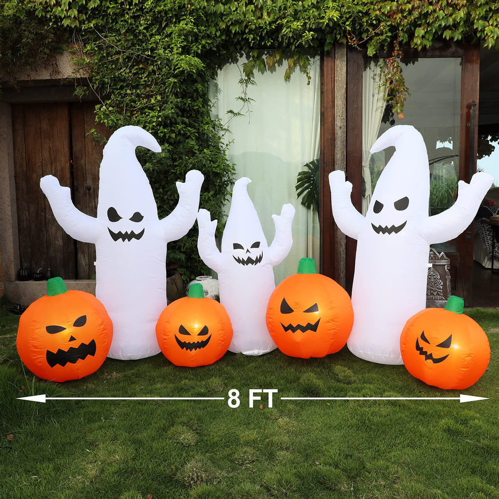 8 FT Lighted Halloween Inflatable Ghosts with Pumpkins S23306