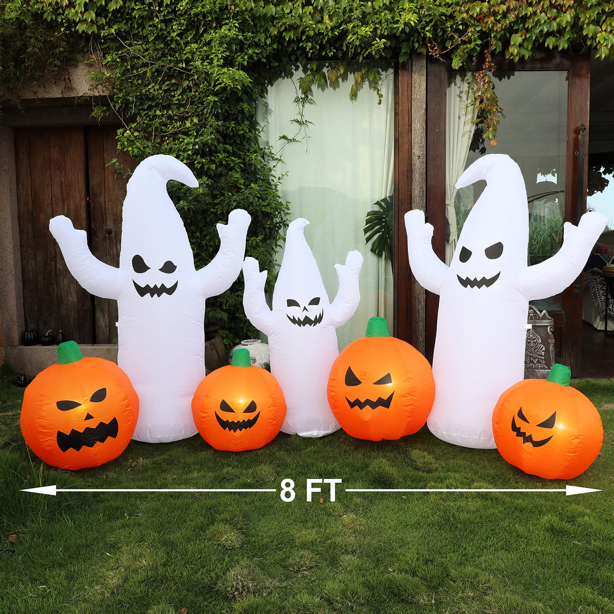 8 FT Lighted Halloween Inflatable Ghosts with Pumpkins S23306
