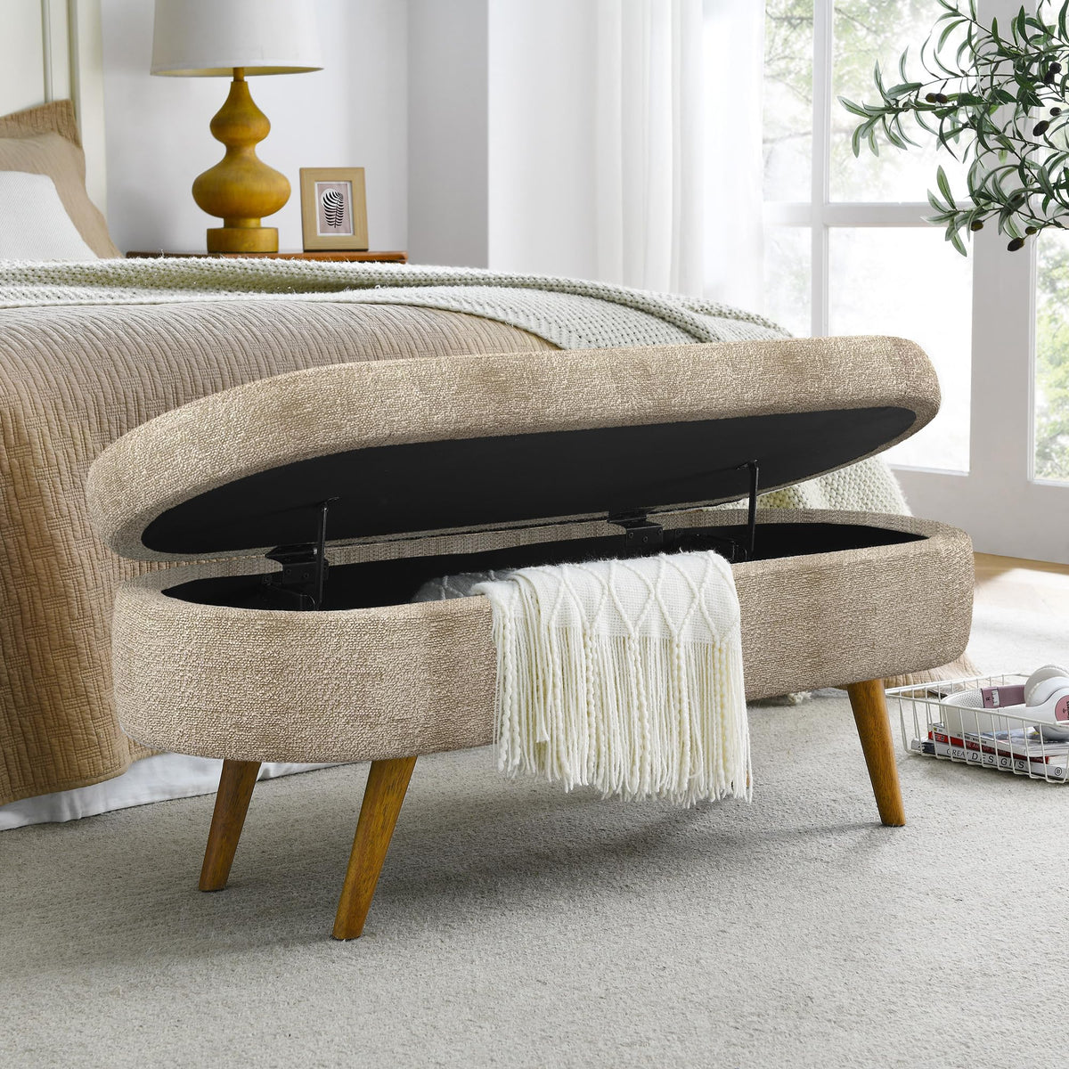 Oval Storage Bench with Rubber Wood Legs Gray Z886