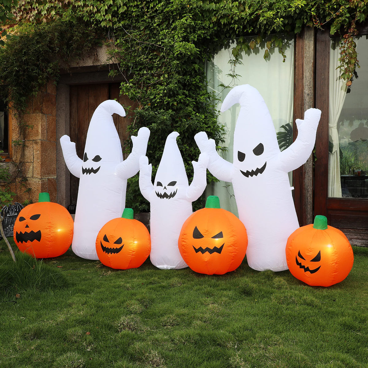 8 FT Lighted Halloween Inflatable Ghosts with Pumpkins S23306